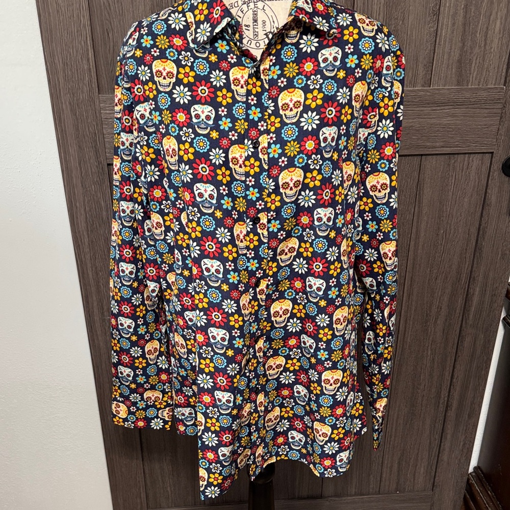 Simon Banks Men's Multicolor Floral Skull Shirt, Large